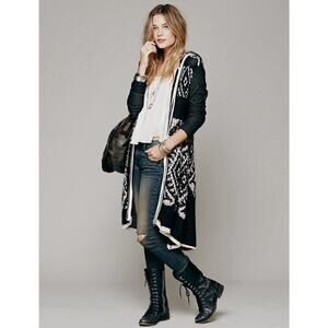 Free People White Moon Pattern Cardigan Hooded Sweater Coat Long Jacket Sz S